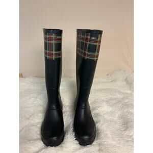 London Fog Rain Boots Rubber Waterproof Classic Plaid Trim  Trended Sole SZ 7